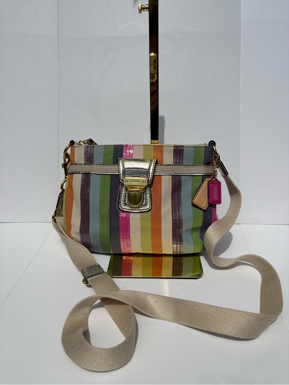 Vintage Coach Poppy Legacy Multicolor Stripe Sequin Crossbody Swingpack Bag
